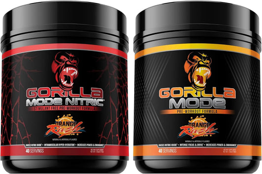Gorilla Mode Pre Workout & Gorilla Mode Nitric Upgraded Stimulant - Best Tasting & Most Effective Stimulant Free Pre-Workout | Massive Pump | Laser Focus Energy Power (Orange Rush)