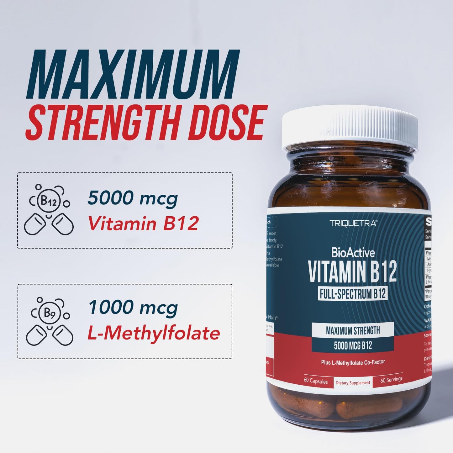 BioActive Vitamin B12 - 5000 mcg, Contains 3 BioActive Forms B12 Plus Methylfolate Cofactor - Methyl B12, Adenosyl B12 & Hydroxy B12 | Supports Energy Triquetra Health