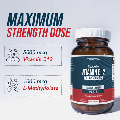 BioActive Vitamin B12 - 5000 mcg, Contains 3 BioActive Forms B12 Plus Methylfolate Cofactor - Methyl B12, Adenosyl B12 & Hydroxy B12 | Supports Energy Triquetra Health