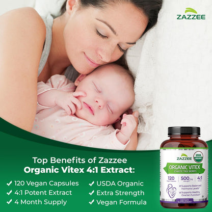 Zazzee USDA Organic Vitex 4:1 Extract, 120 Vegan Capsules, 4 Month Supply | Chaste Berry, Hormonal Balance & Cycle Support for Women, Certified Kosher, Vitex Agnus-Castus, Non-GMO, Made in the USA Gsupps Australia
