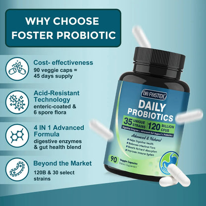 Probiotics for Women-Men Digestive Health with 120 Billion CFUs, Prebiotics and Probiotics for Women-Men, Digestive Enzymes, Nutrient Absorption, Immune Support DRFOSTER