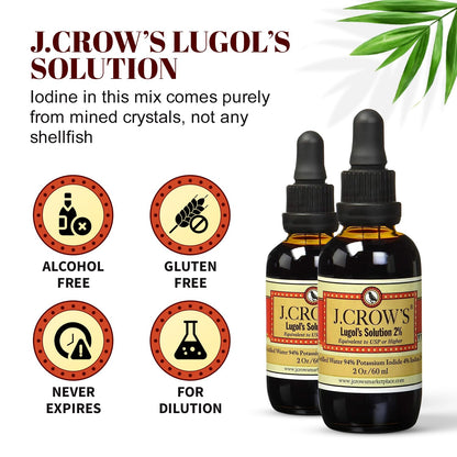 J.CROW'S® Lugol's Solution of Iodine 2% 2 oz (1 Bottle) – Premium Iodine & Potassium Iodide Liquid, Gluten J. CROW'S