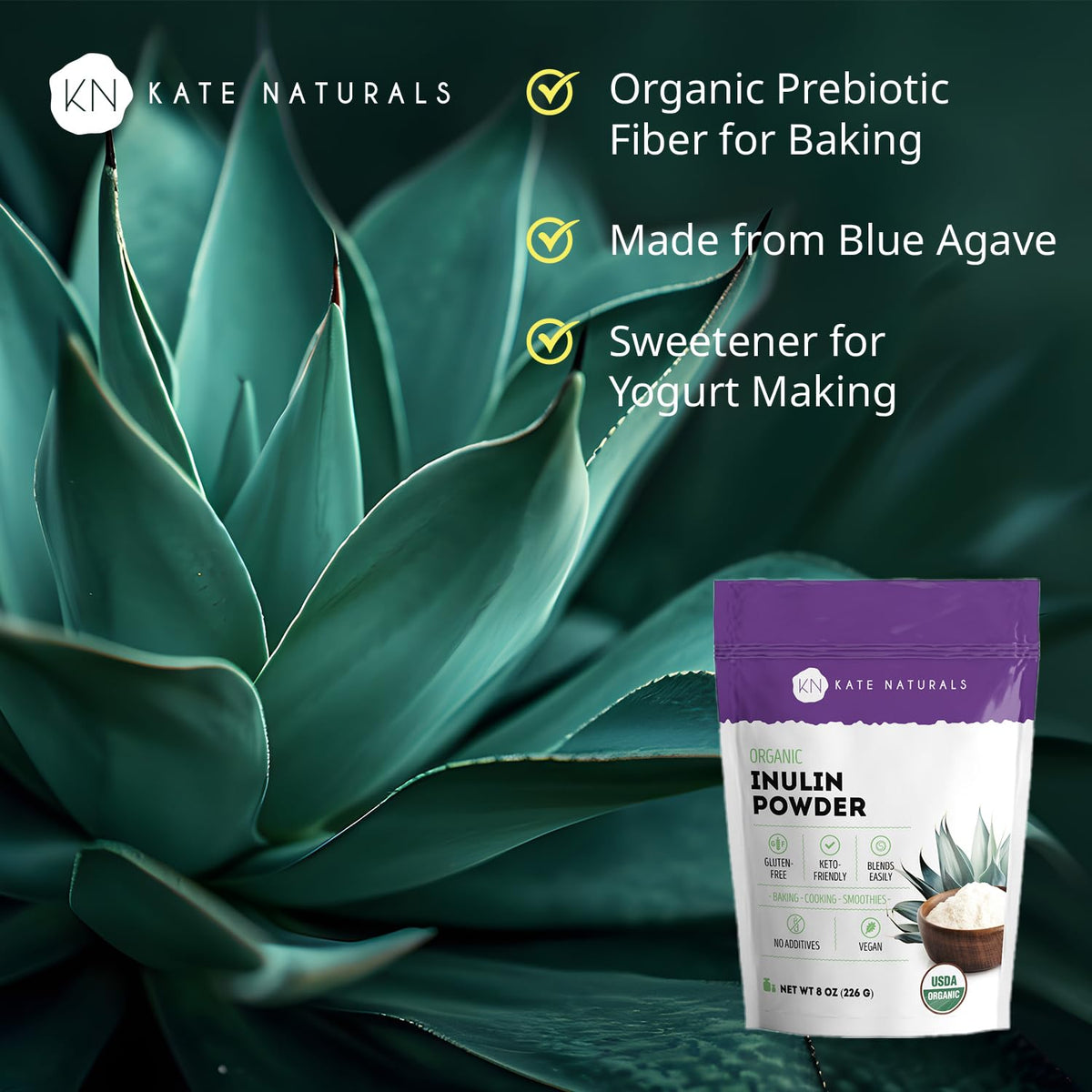 Kate Naturals Inulin Powder Organic from Blue Agave (8oz) Soluble Prebiotic Fiber for Coffee, Yogurt & Smoothies Kate Naturals