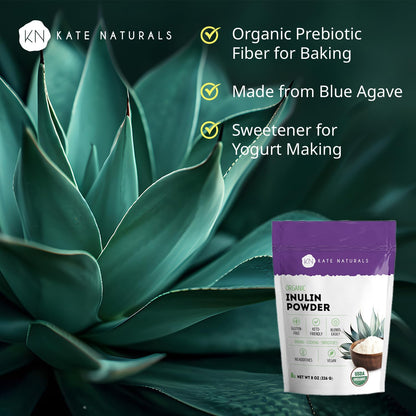 Kate Naturals Inulin Powder Organic from Blue Agave (8oz) Soluble Prebiotic Fiber for Coffee, Yogurt & Smoothies Kate Naturals