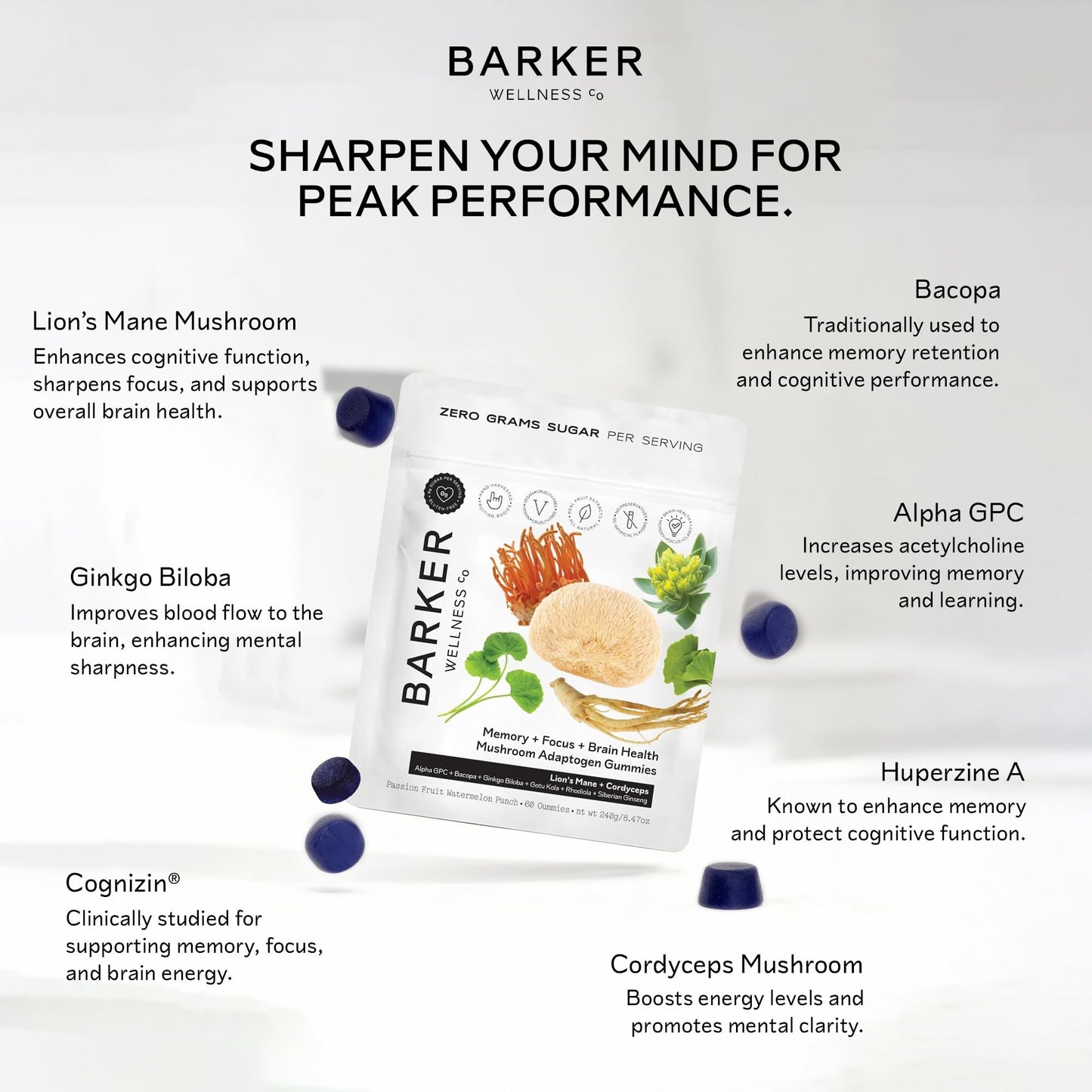 Barker Wellness Mushroom Adaptogen Gummies for Memory & Focus, Brain Health Supplement with Lion's Mane, Cordyceps, Cognizin, Vegan, Sugar-Free Passion Fruit Watermelon Flavor- 60 Count Barker Wellness Co