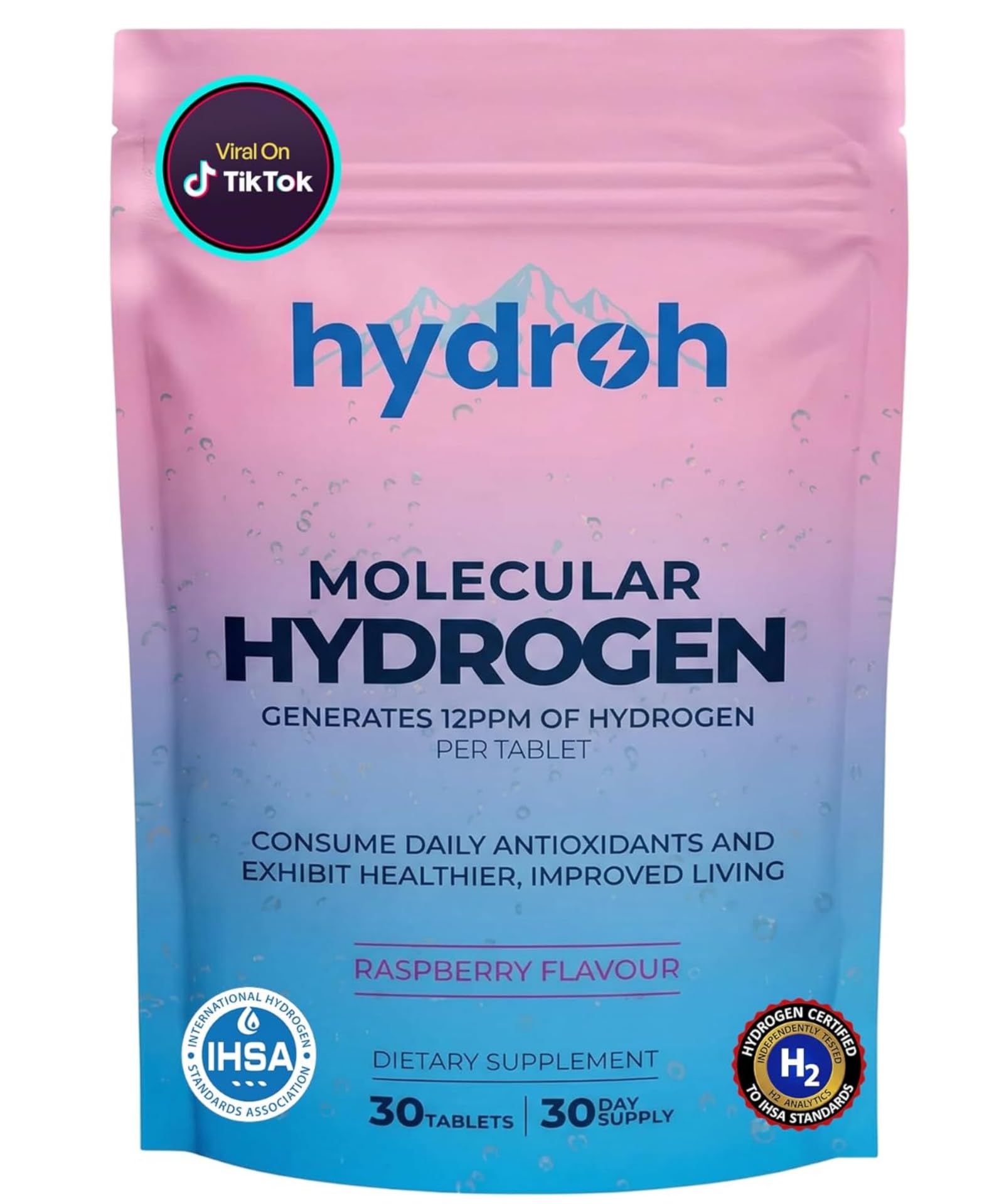 Hydrogen Water Tablets, Molecular Hydrogen Tablets for Drinking Water, Antioxidant-Rich, Supports Brain Energy & Health - Quick-Dissolving - Raspberry H2 Tabs hydroh buy australia supplements