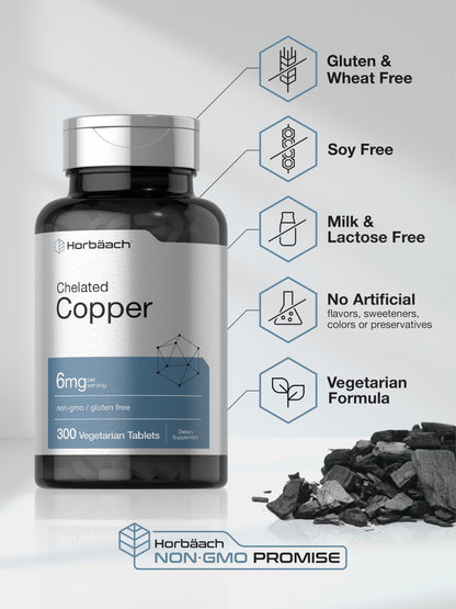 Horbäach Chelated Copper Supplement 6mg | 300 Tablets | Essential Trace Mineral | Vegetarian, Non-GMO, Gluten Free Horbäach