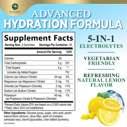 Hydration Electrolyte Gummies - Daily Liquid Replenisher Gummy - Electrolyte Multiplier with Minerals, Potassium & Real Salt - Vegan, Non-GMO - Tasty Lemon Flavor Hydration Electrolytes - 60 Gummies Nature's Peak