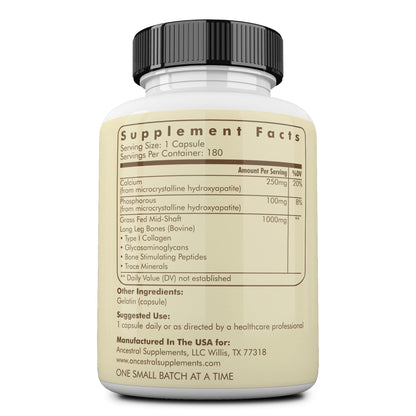 Ancestral Supplements Grass Fed Beef Living Bone Supplement, Bone Meal Capsules Support Bone Health, Oral and Joint Health and Flexibility, Non-GMO, 180 Capsules