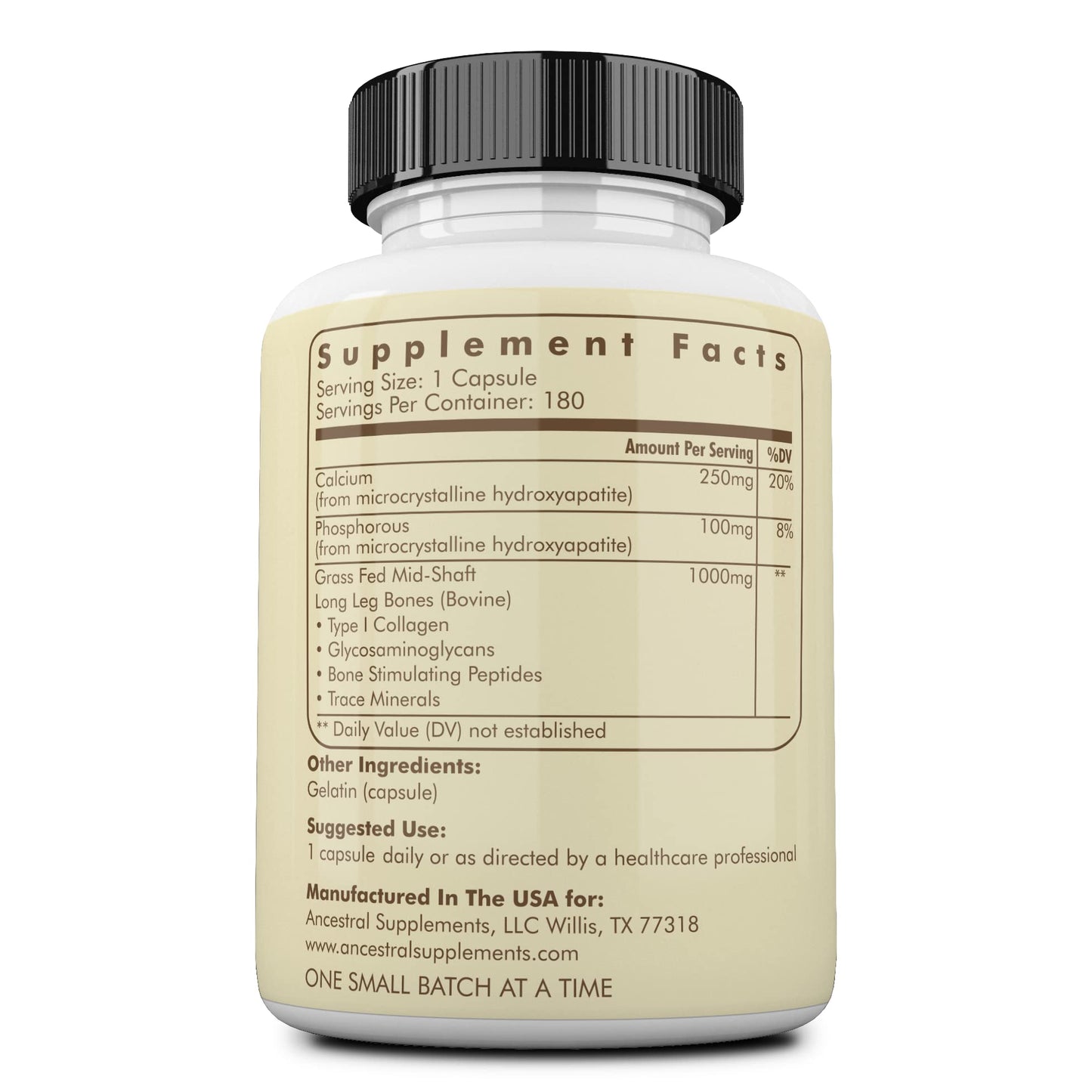 Ancestral Supplements Grass Fed Beef Living Bone Supplement, Bone Meal Capsules Support Bone Health, Oral and Joint Health and Flexibility, Non-GMO, 180 Capsules