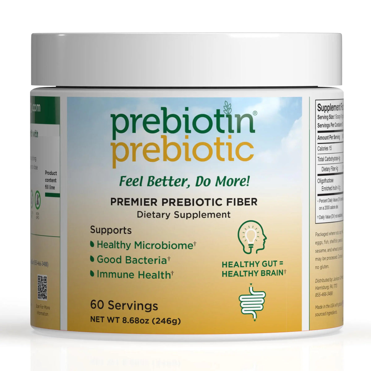 Prebiotin Prebiotic Fiber Supplement Powder  8.68 oz  Supports Digestive Health  High Fiber, Boosts Probiotics, Reduces Hunger  All-Natural, Gluten-Free Prebiotin