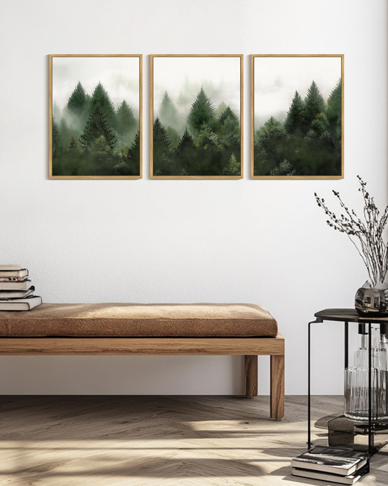KUVIOKE Morden Green Fog Pine Tree Framed Canvas Wall Art Nature Nordic Forests Artwork Painting Bedroom Decor 12x16in (Natural Framed) KUVIOKE buy australia supplements