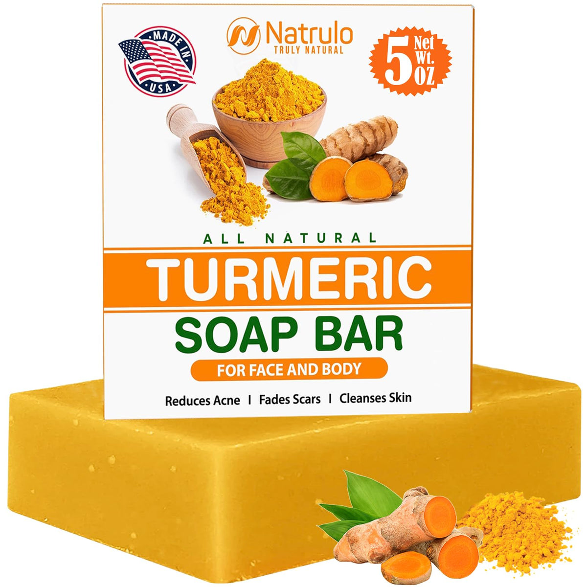 Natural Turmeric Soap Bar for Face & Body – Turmeric Skin Brightening Soap for Dark Spots, Uneven Skin Tone & Underarms – Exfoliating Face Wash Helps Improve Breakouts, & Cleanses Skin – 5oz Bath Bar Natrulo