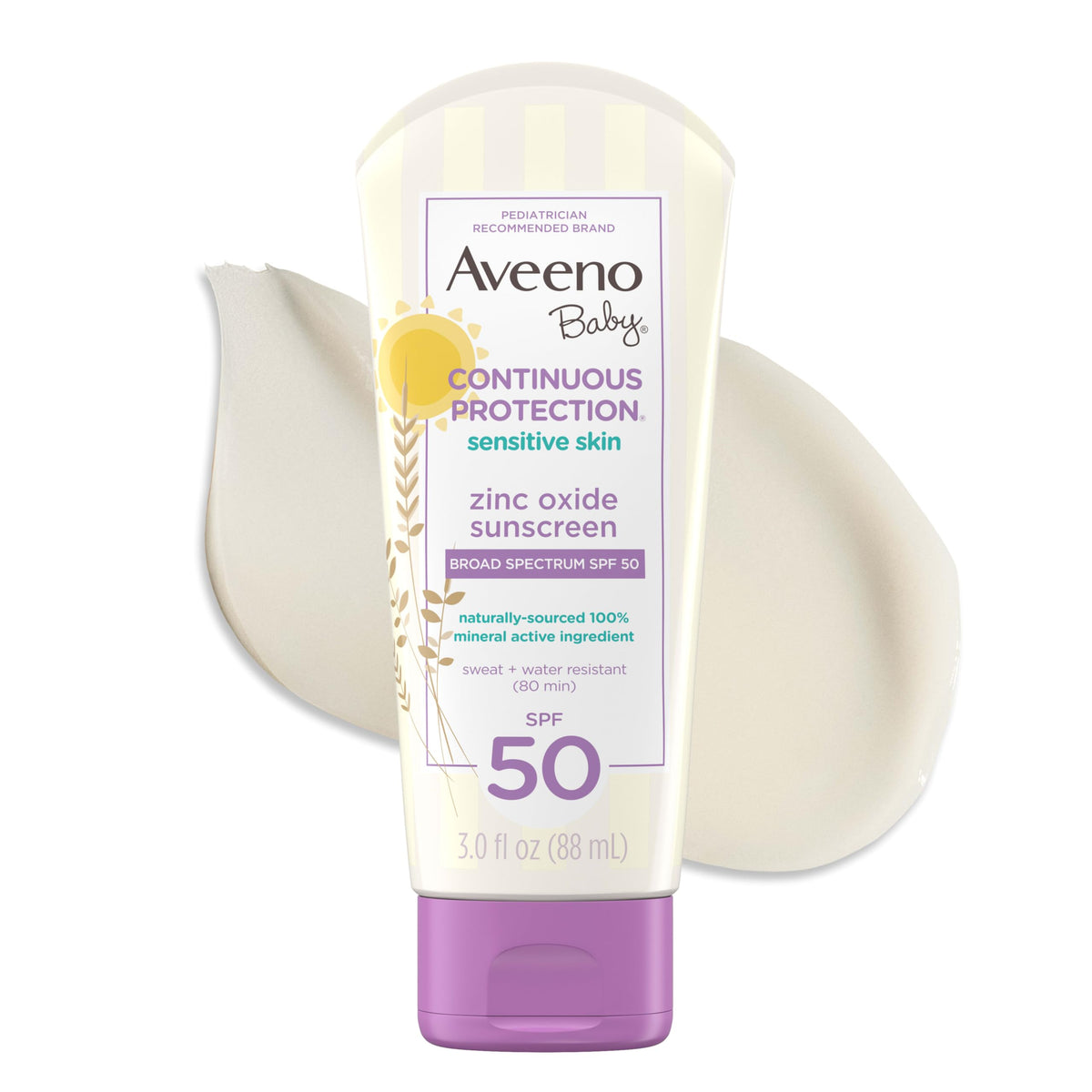 Aveeno Baby Continuous Protection Zinc Oxide SPF 50 Sunscreen for Babies with Sensitive Skin, Broad Spectrum Sun Protection, Tear-Free, Sweat- & Water-Resistant, No added Parabens, 3 Fl Oz Aveeno Baby