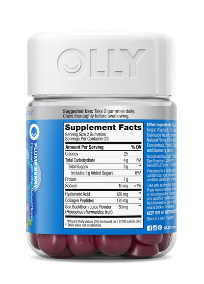 OLLY Glowing Skin Gummy, Hydrated & Youthful Skin,* Hyaluronic Acid, Collagen Peptides, Sea Buckthorn, Plump Berry Flavor OLLY