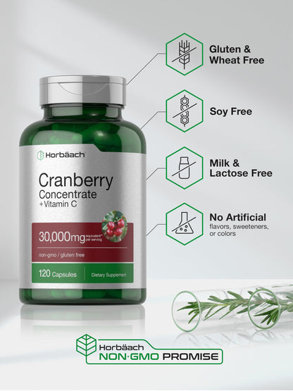 Horbäach Cranberry Concentrate Extract Pills + Vitamin C | 120 Capsules | Supplement for Women and Men | Triple Strength Ultimate Potency Formula Horbäach
