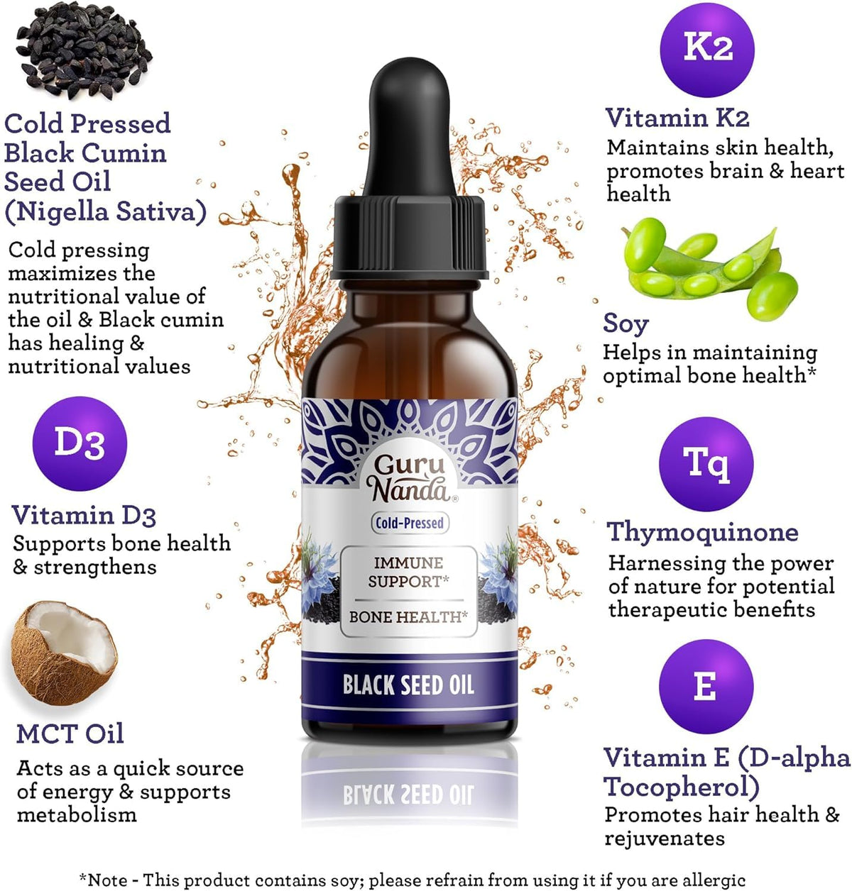 GuruNanda Black Seed Oil, Cold-Pressed Nigella Sativa - Rich in Vitamin D3 5000 Units, K2 & E, High Thymoquinone | Potent Antioxidant GuruNanda