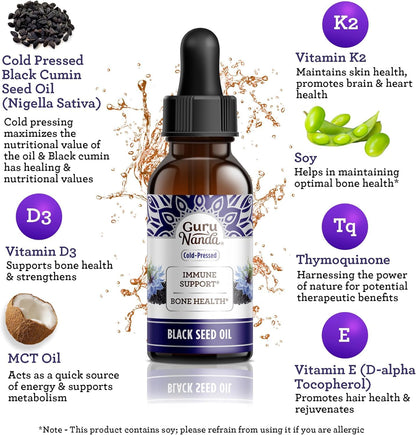 GuruNanda Black Seed Oil, Cold-Pressed Nigella Sativa - Rich in Vitamin D3 5000 Units, K2 & E, High Thymoquinone | Potent Antioxidant GuruNanda