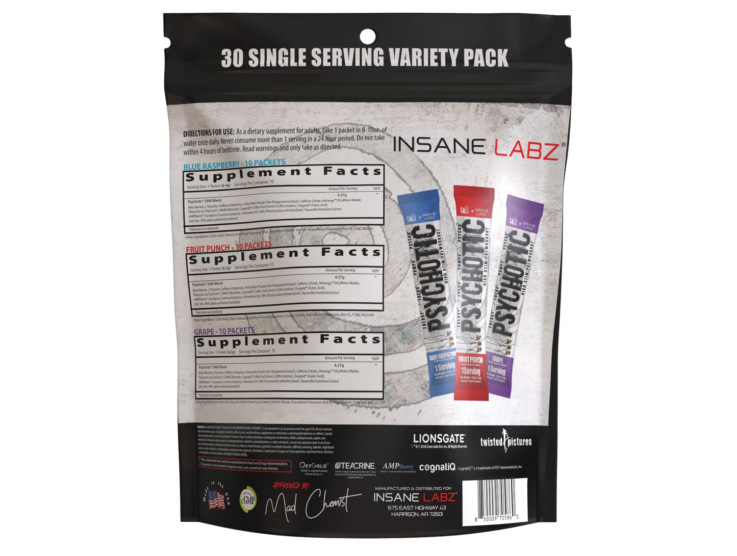 Insane Labz Psychotic Saw, High Stim Pre Workout Powder with OxyGold™ and AMPiberry®,Extreme Lasting Energy with Teacrine®,Focus with CognitIQ® and Endurance (30 Servings, Watermelon)