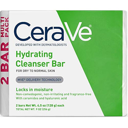 CeraVe Hydrating Cleanser Bar, Soap-Free Body and Facial Cleanser with 5% Moisturizing Cream, Fragrance-Free, 2-Pack, 4.5 Ounce Each CeraVe