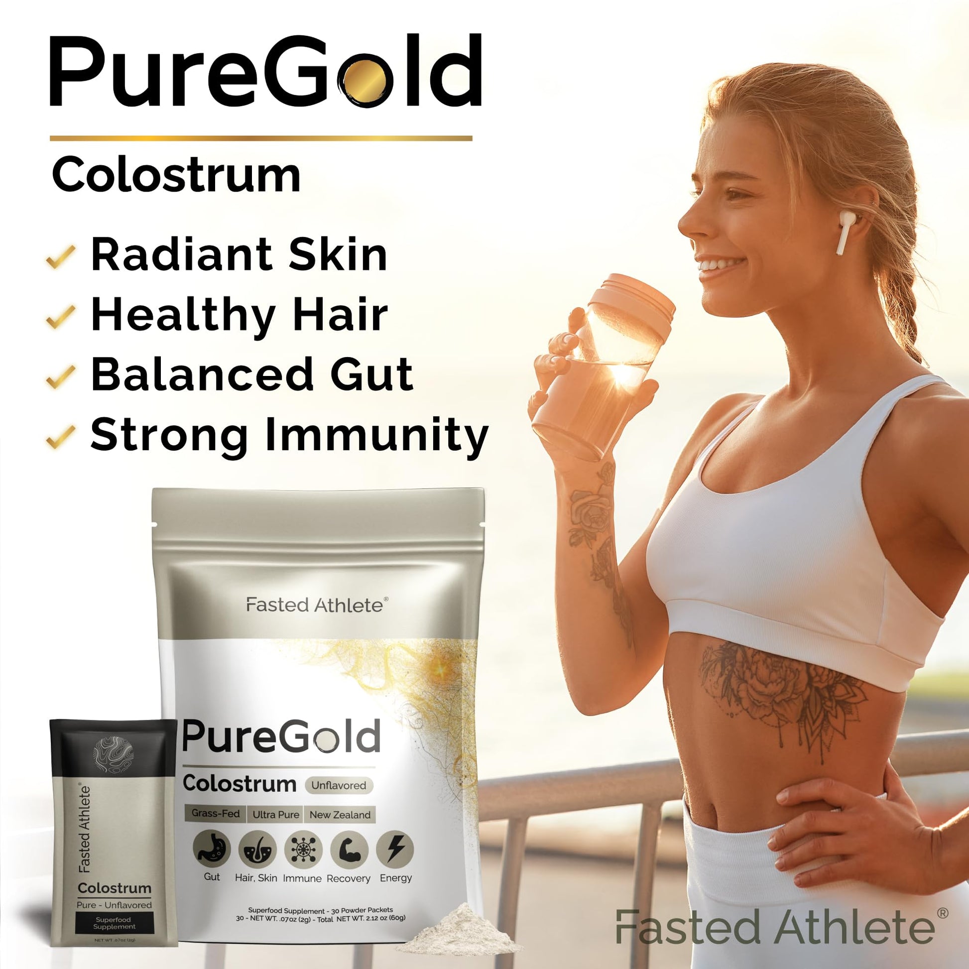 PureGold - Bovine Colostrum Powder - 100% Pure New Zealand Grass Fed, Supports Gut Health, Skin, Hair, & Immunity – Colostrum Supplement, Unflavored, 30 Travel Packets Fasted Athlete buy australia supplements