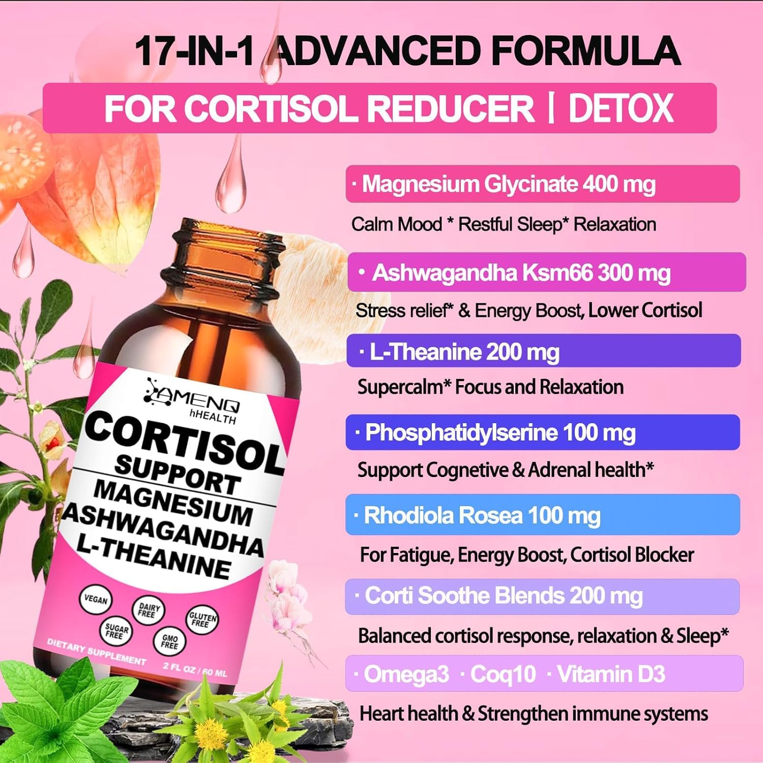 Cortisol Supplement Liquid Drops, 17-in-1 Cortisol Reducer w. Ksm-66 Ashwagandha Theanine Rhodiola Rosea Magnesium Phosphatidylserine, Hormone Balanced & Lower Cortisol for Women Calm* Relaxation AMENQ hHEALTH buy australia supplements
