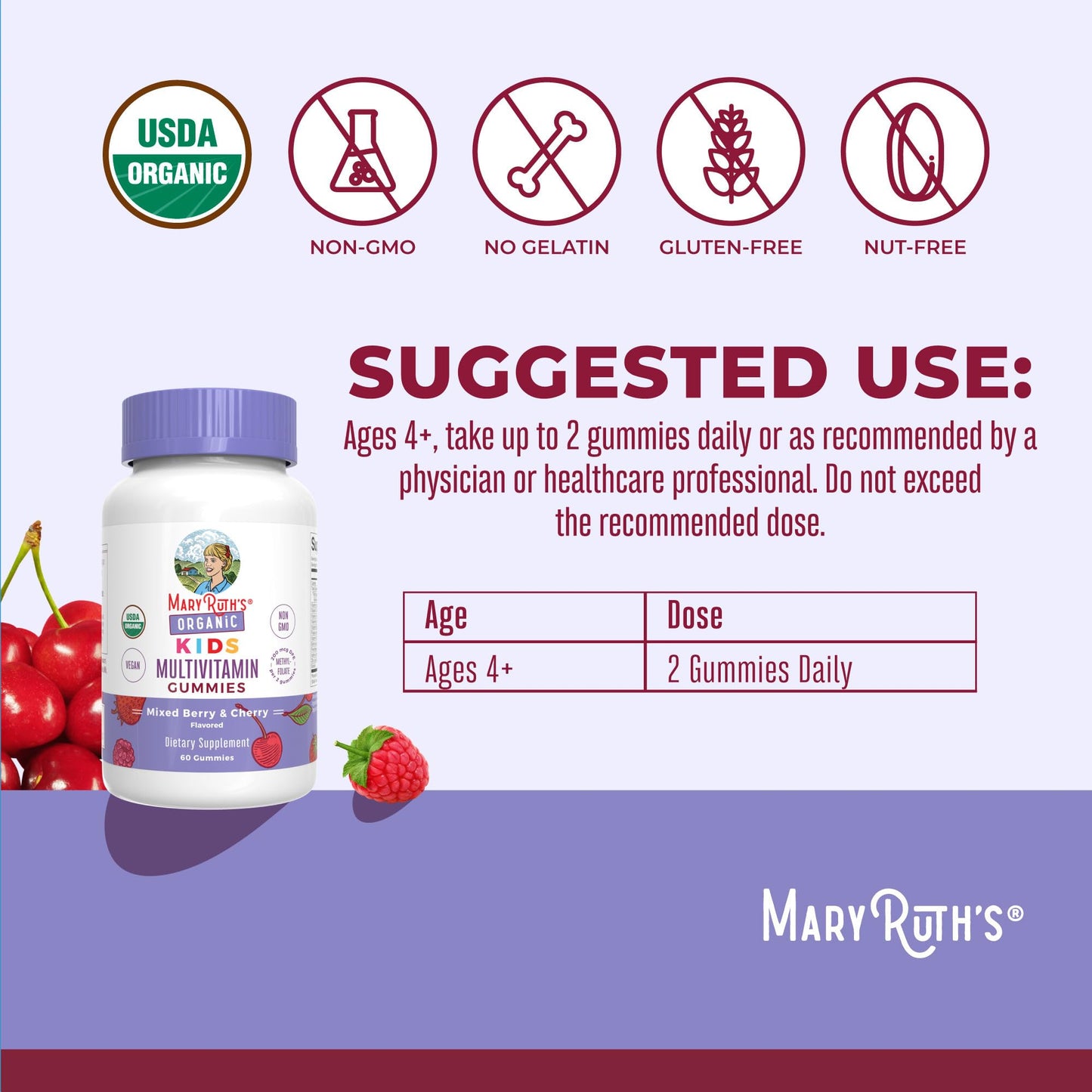 MARYRUTH'S Kids Vitamins | Multi | 1 Month Supply | Multivitamin Gummies for Ages 4+ | Multivitamin for Kids | Vegan | Only 2 Gummies a Day | 60 Count MARYRUTH'S