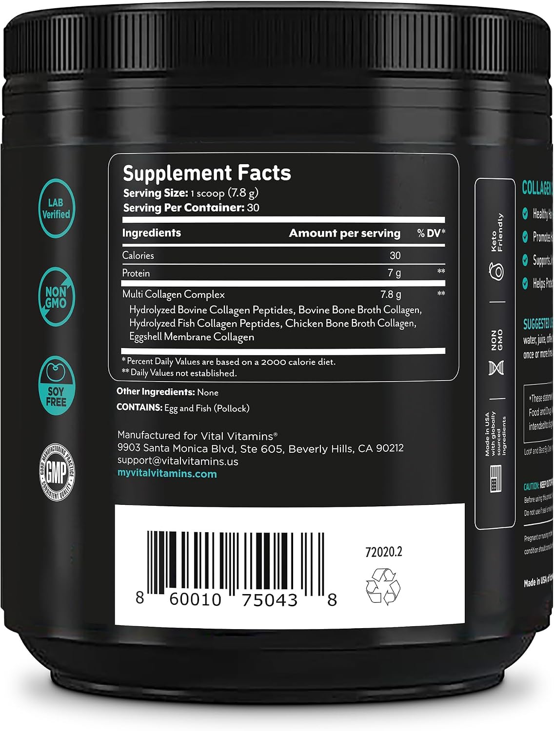 Vital Vitamins Multi Collagen Complex Powder for Hair, Skin, Nails & Joints | 5 Collagen Peptides Types I II III V & X, Unflavored, Easy to Dissolve, Scoop Included Inside, 30 Servings Gsupps Australia