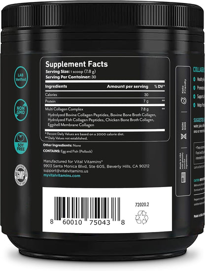 Vital Vitamins Multi Collagen Complex Powder for Hair, Skin, Nails & Joints | 5 Collagen Peptides Types I II III V & X, Unflavored, Easy to Dissolve, Scoop Included Inside, 30 Servings Gsupps Australia