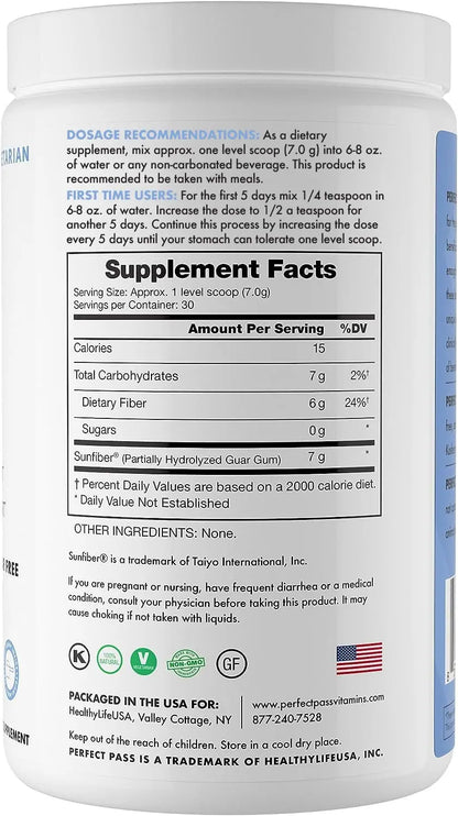PERFECT PASS Prebiotic PHGG Partially Hydrolyzed Guar Gum 210g Powder - 100% Natural Gluten Free Non GMO - Certified Kosher Vegetarian Sugar Free PERFECT PASS