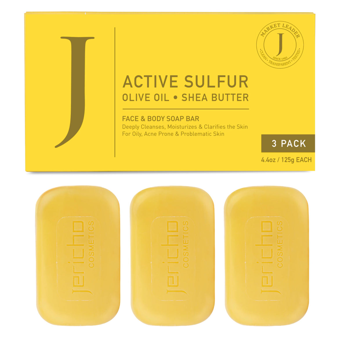 Jericho Dead Sea Sulfur Soap with Olive Oil – Helps with Acne, Blackheads, Itchy & Scaly Skin – For Oily to Normal Skin – Vegan Face & Body Bar for Men & Women, 4.4 Oz / 125 g (Pack of 3) Jericho