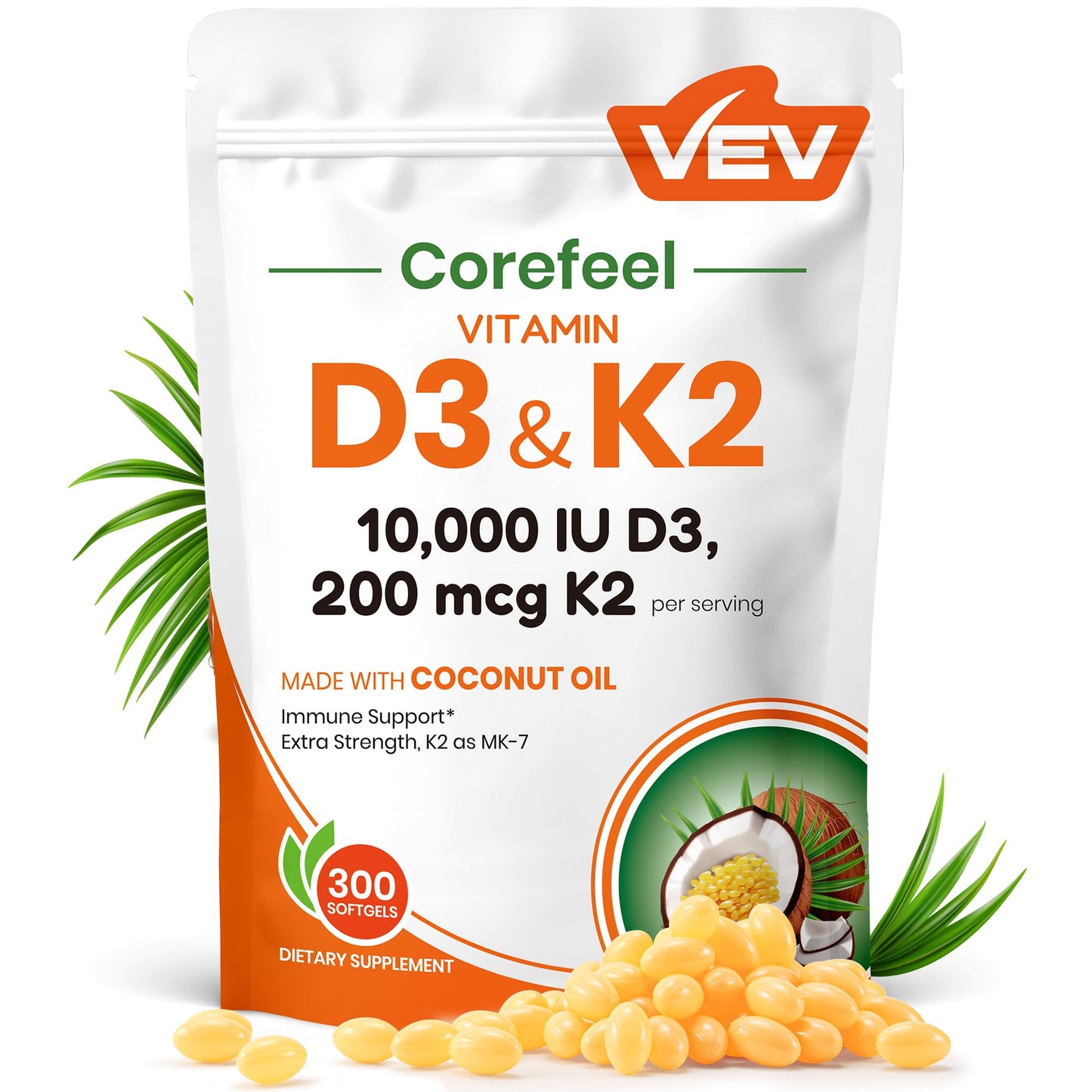VEV Corefeel Vitamin D3 K2 10,000 IU, 200 mcg MK-7, 300 Coconut Oil Softgels, 2 in 1 Vitamins Supplement D & K (Include MK7), Easy to Swallow VEV