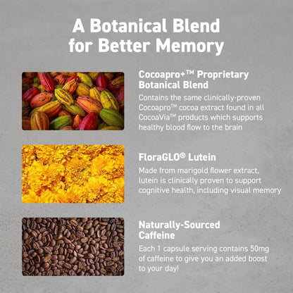 CocoaVia Memory & Focus Brain Supplement, 30 Day, Cocoa Flavanol Blend, Lutein, Added Caffeine for Boost. Improve Cognitive Function, Attention, Vegan & Plant Based, 30 Capsules CocoaVia