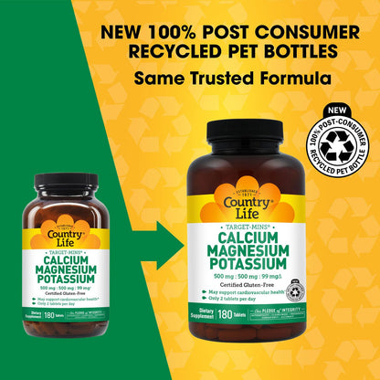 Country Life Target Mins - Calcium Magnesium Potassium Bone & Heart Health Supplement, 1000mg Calcium, 500mg Magnesium, Supports Calcium Utilization Country Life