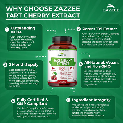 Zazzee Tart Cherry 10:1 Extract, 200 Vegan Capsules, 6+ Month Supply | Montmorency Cherry, Certified Kosher, Joint & Uric Acid Support, Antioxidant Support Formula, Non-GMO, Made in the USA Gsupps Australia