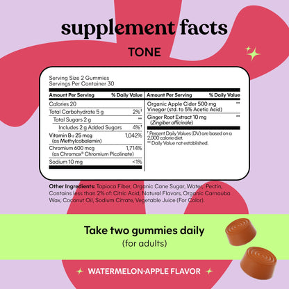 Lemme Tone Metabolism Gummies, Apple Cider Vinegar, Clinically Studied Chromium, B12, Ginger Root Extract, Promote Lean Body Mass Lemme