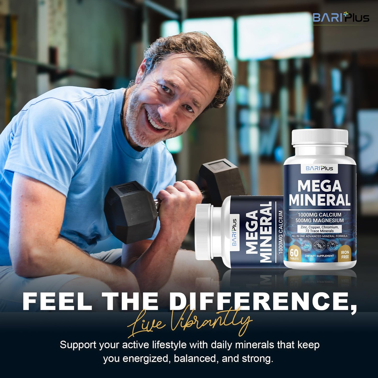 Mega Mineral – Complete Complex with Vitamin D, Calcium, Magnesium, Zinc, Potassium, Boron, Selenium, Chromium & Trace Minerals – Iron-Free – USA Made – 60 Tablets BARIPLUS