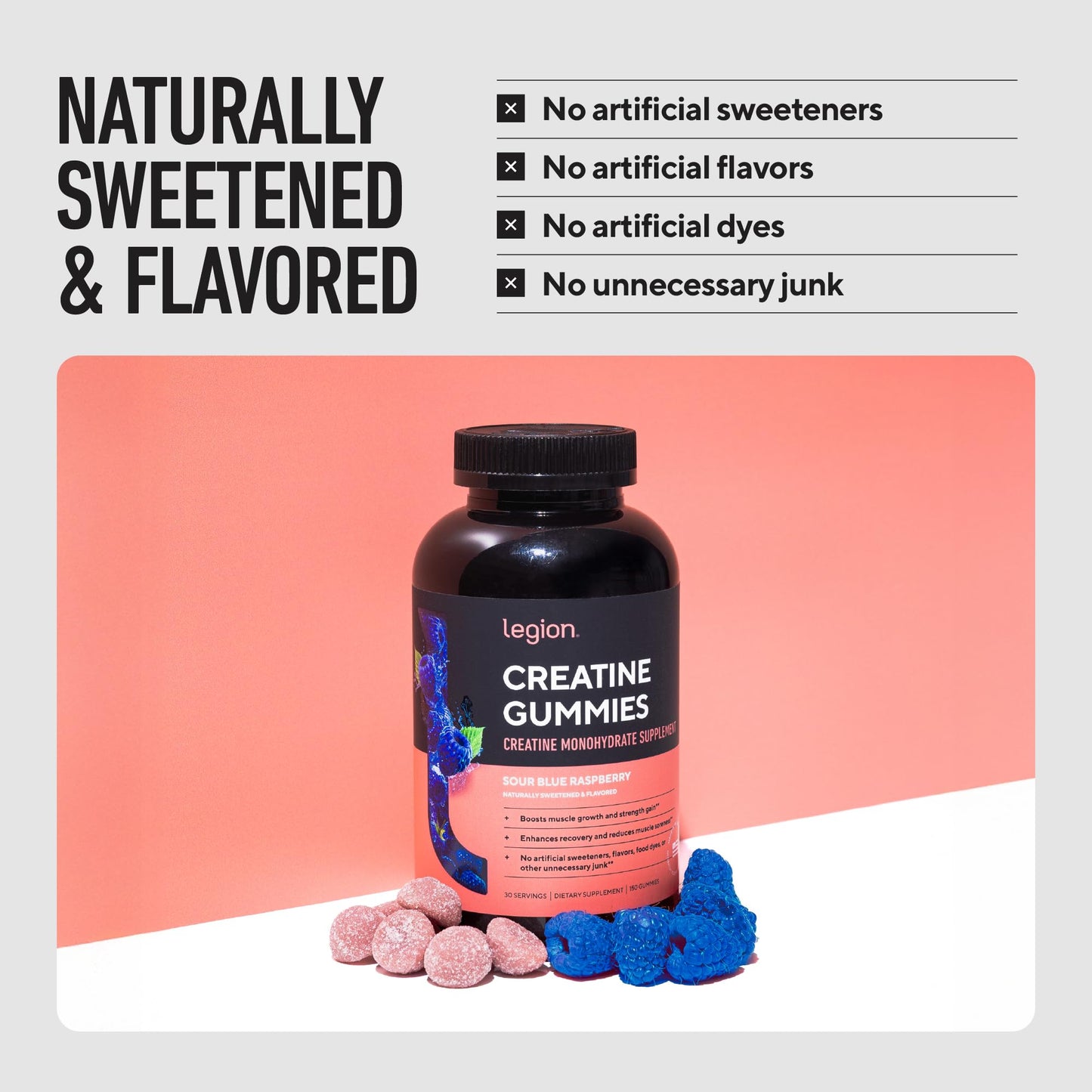LEGION Creatine Monohydrate Gummies for Men & Women – Clean Chewable Creatine Supplement for Strength, Endurance & Muscle Recovery – 30 Lemon Drop Flavor Servings – No Artificial Flavors