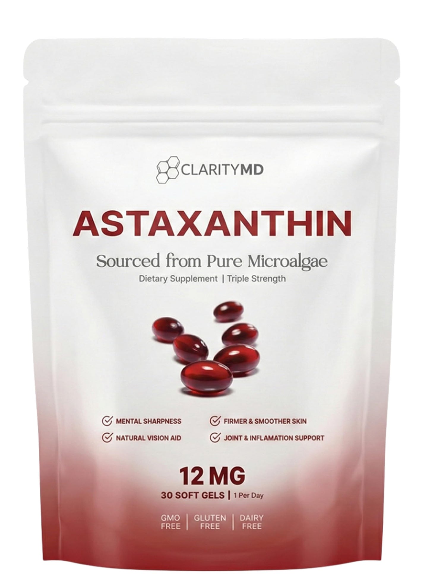 ClarityMD Astaxanthin 12mg Antioxidants Supplement – Natural Microalgae Source – Lipid-Based Softgel for Enhanced Absorption – Cognitive ClarityMD