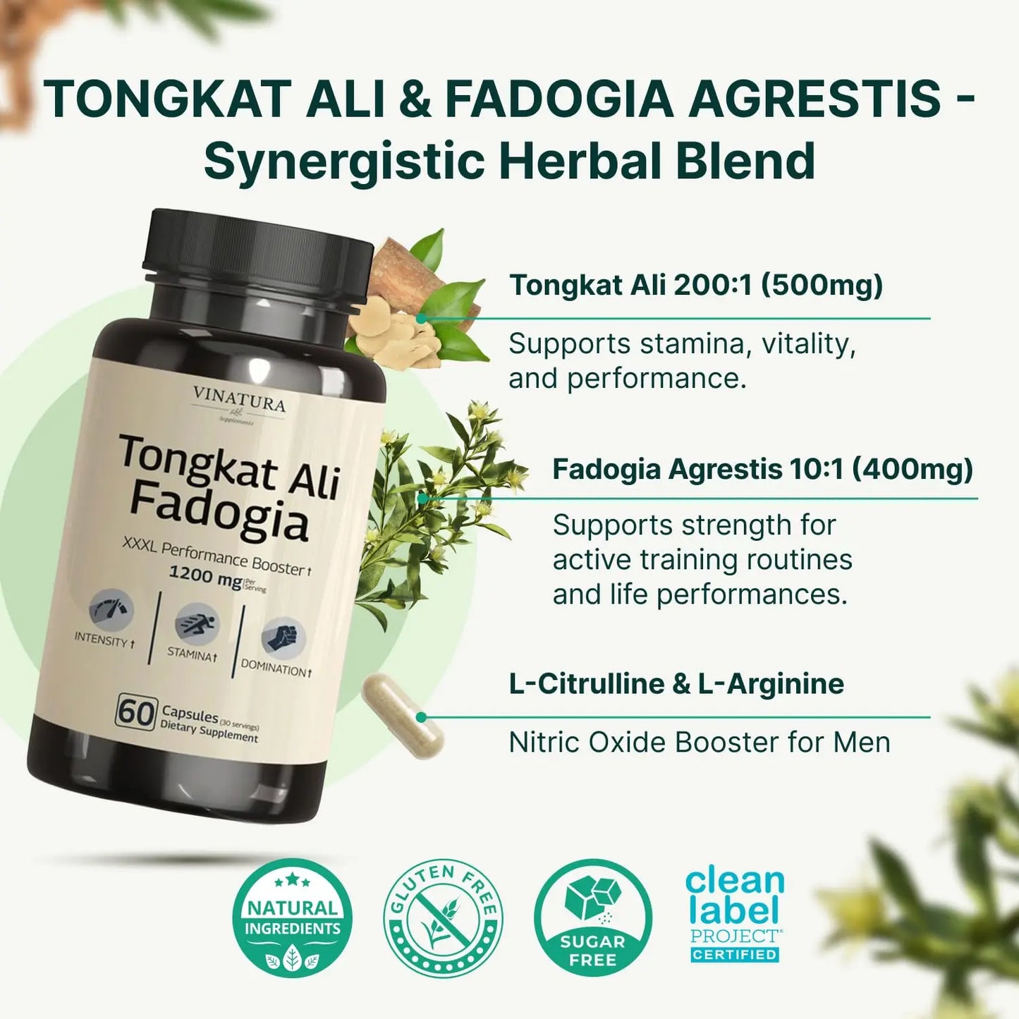 Tongkat Ali Fadogia Agrestis - 1200mg, Enhanced with Nitric Oxide Booster Supplement, Longjack Tongkat Ali for Men, VINATURA