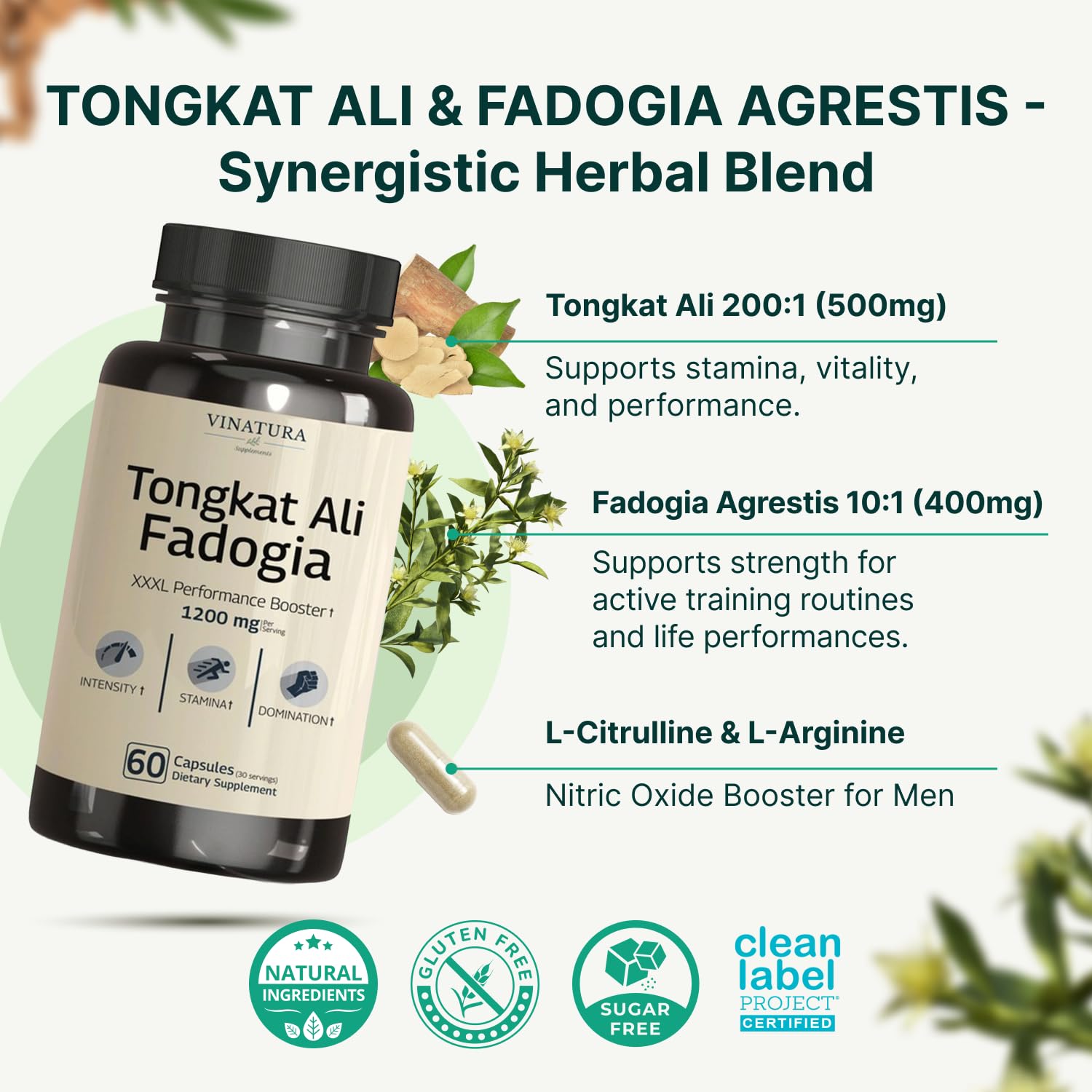Tongkat Ali Fadogia Agrestis - 1200mg, Enhanced with Nitric Oxide Booster Supplement, Longjack Tongkat Ali for Men, VINATURA buy australia supplements
