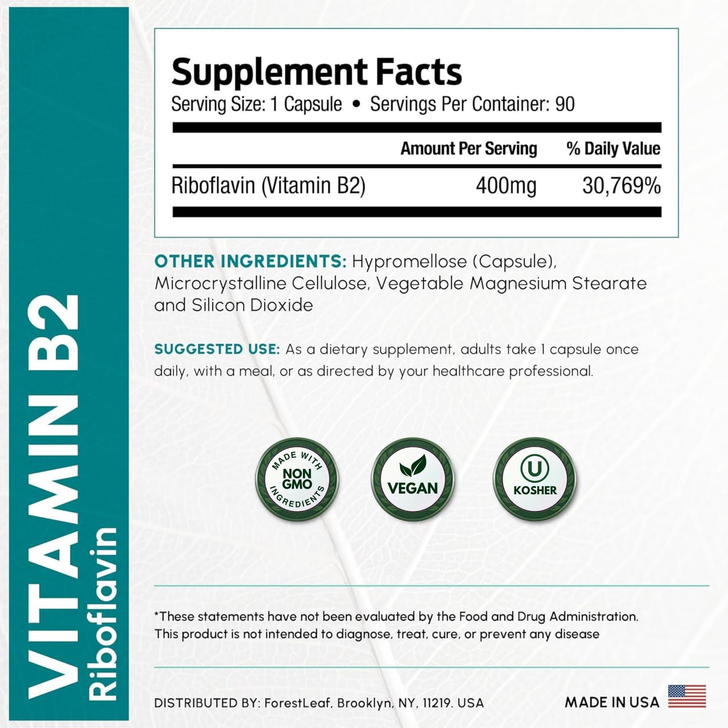 ForestLeaf Vitamin B2 Riboflavin 400mg - Energy, Skin & Cellular Health Supplement - Nervous System Support - Vitamin B 2 VIT B - Non-GMO & Gluten Free ForestLeaf