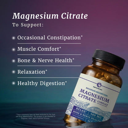 Magnesium Citrate Complex 500 MG for Constipation & Digestion Support | High Absorption Magnesium Supplement | Citrato de Magnesio | Calm & Relaxation Nobi Nutrition