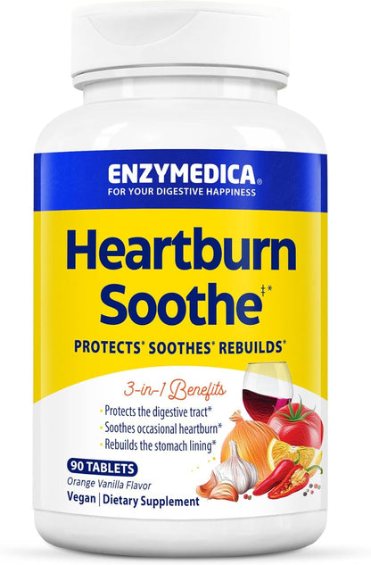 Enzymedica Heartburn Soothe Chewable Supplement - Natural Reflux & Stomach Lining Support, Balances pH Levels with Alginate, Fast-Acting Acid Support for Digestive Health, Vanilla Orange - 90 Tablets Gsupps Australia