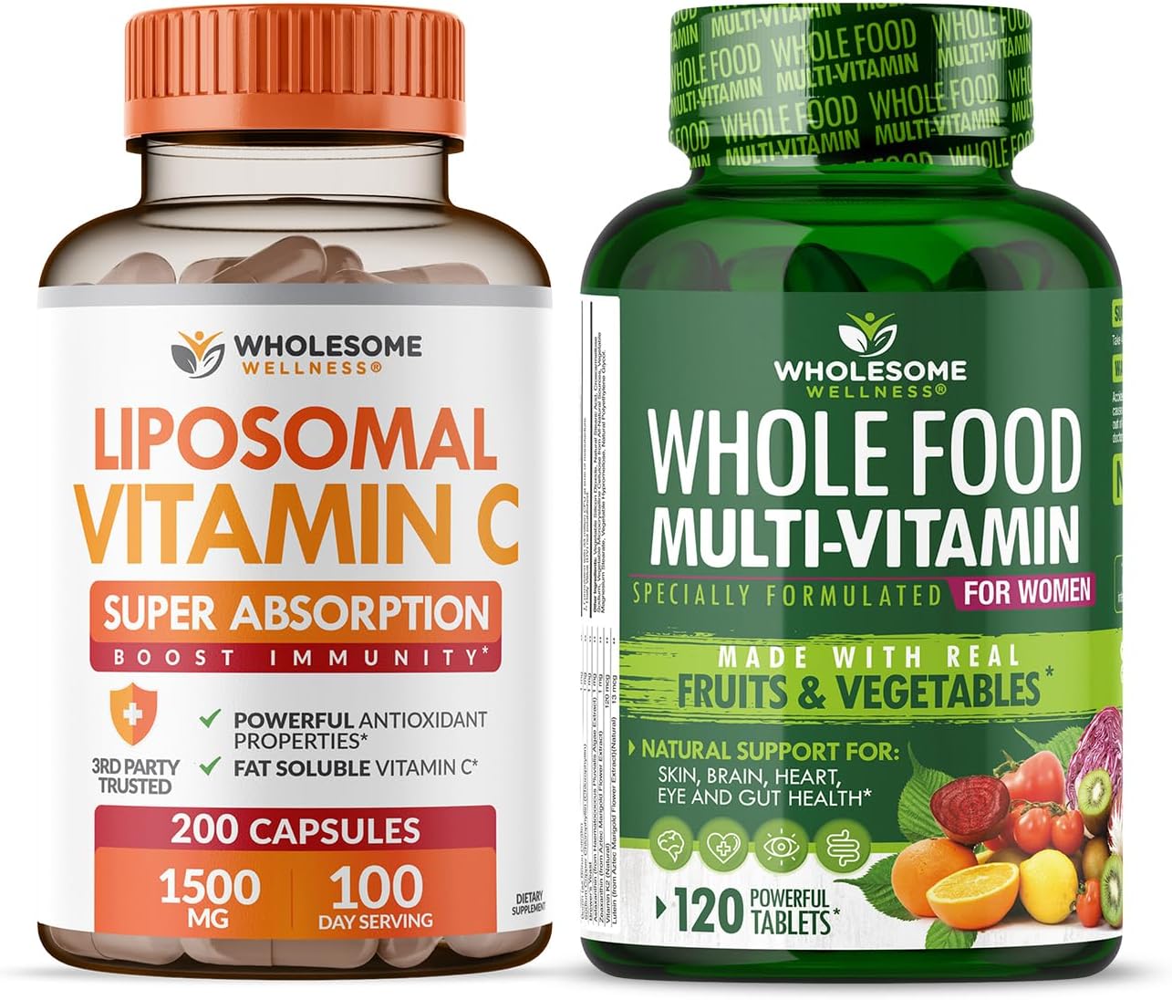 Wholesome Wellness Liposomal Vitamin C Capsules (200 Pills 1500mg Buffered) High Absorption VIT C + Whole Food Multivitamin for Women - Natural Multi Vitamins, Minerals, Organic Extracts Bundle Gsupps Australia