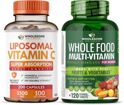 Wholesome Wellness Liposomal Vitamin C Capsules (200 Pills 1500mg Buffered) High Absorption VIT C + Whole Food Multivitamin for Women - Natural Multi Vitamins, Minerals, Organic Extracts Bundle Gsupps Australia