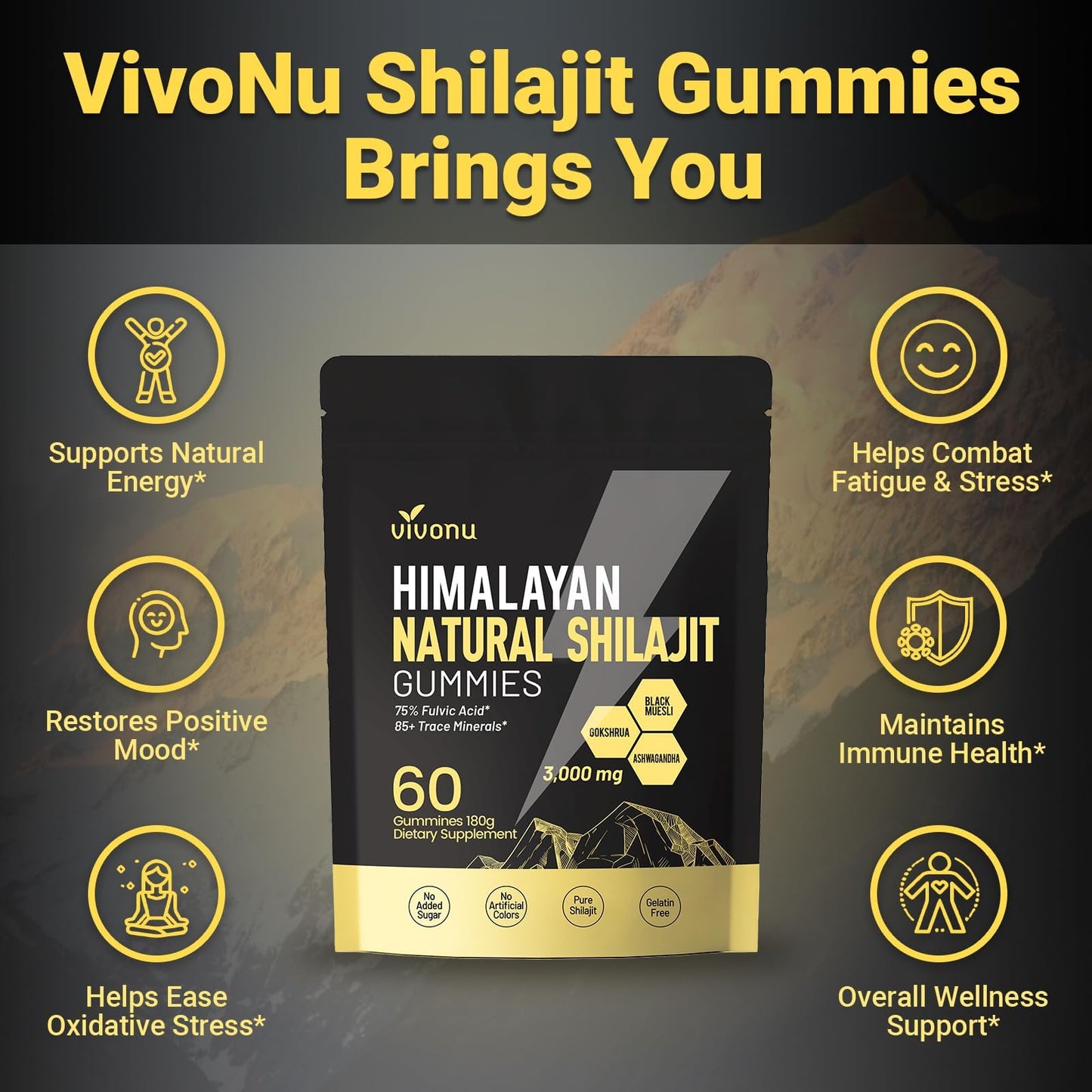 Himalayan9 Shilajit Gummies with Ashwagandha & Gokshura | 85+ Trace Minerals & Fulvic Acid | Organic, Non-GMO Micronutrient Supplement VivoNu