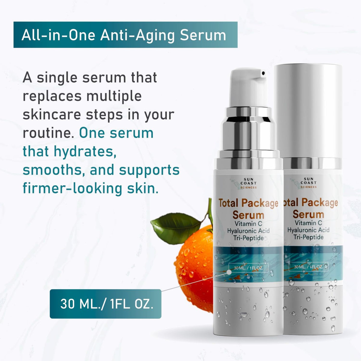 Sun Coast Sciences - Total Package Serum - Vitamin C Serum with Hyaluronic Acid & Peptides for Face - Hydrating Anti Aging Face Serum for Smoother, Firmer Looking Skin - 1 Fl Oz (Pack of 1) SUN COAST SCIENCES