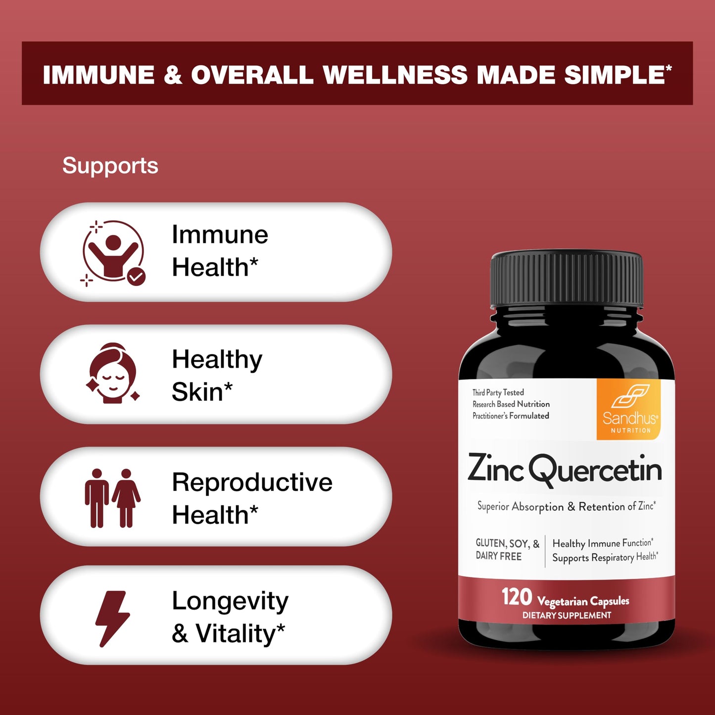 Sandhu's Zinc Quercetin 120 Vegetarian Capsules (Pack of 1) | High Absorption Zink Supplements for Immunity and Seasonal Allergy | Antioxidant Immune Support Sandhu's