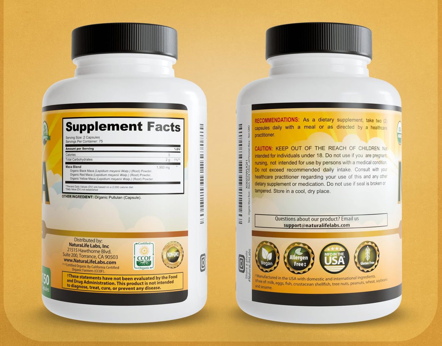 NaturaLife Labs Organic Maca Root – Black, Red & Yellow – 1900 mg per Serving – 150 Capsules – Gelatinized Peruvian Maca NaturaLife Labs